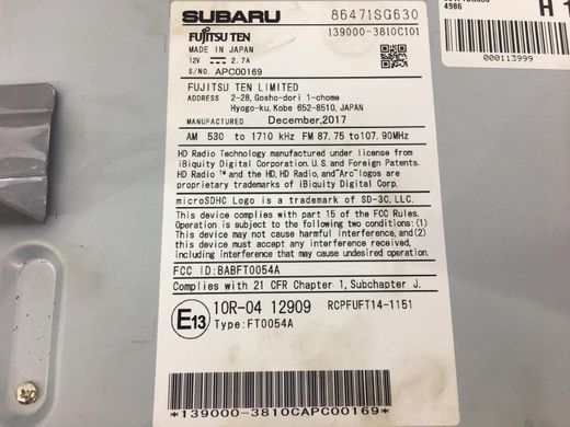 Автомагнітола SUBARU FORESTER S13 2014-2018 86471SG630, 86471SG630, A